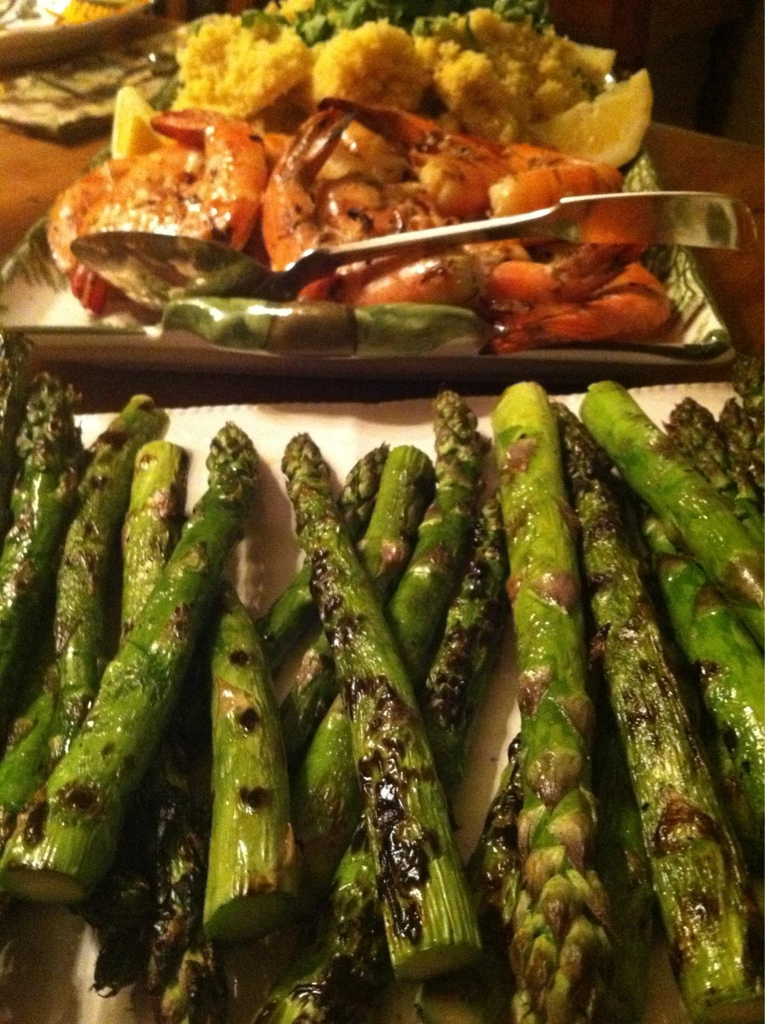 Grilled Asparagus and Garlic Shrimp
Marinate shrimps (in shells) with tons of chopped garlic, lemon and some olive oil. Grill shrimps on medium heat alongside lightly olive-oiled asparagus. For the salad, create individual cups of butter lettuce and...