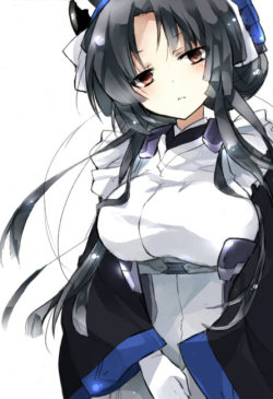 abaslev:  black hair breasts kazuno (horizon) kyoukai senjou no horizon large breasts long hair looking at viewer oppai red eyes simple background standing tsuka (raikousama) white background | Sankaku Channel 