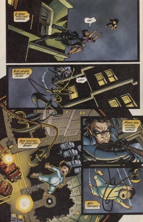 stoopidtallkid: amadrush: sidekick-clecle: monstersandliars: Nightwing #26 A mother throws her baby 