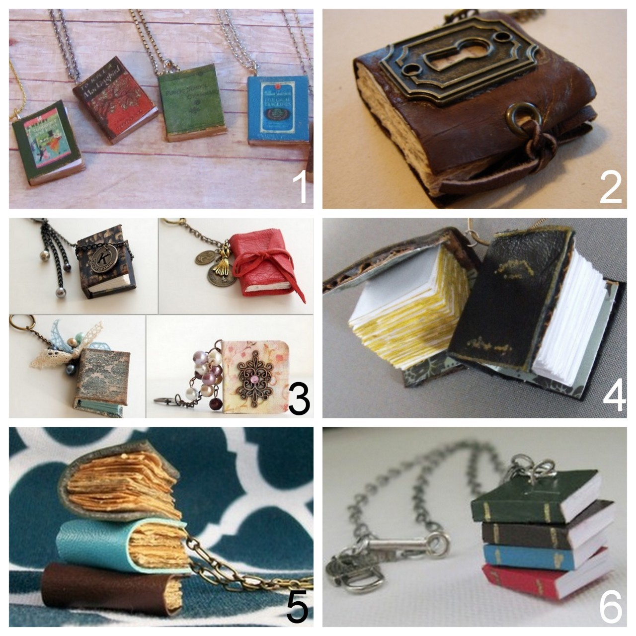 Roundup of DIY Mini Book Jewelry Tutorials  • Easiest Book Cover Pendants Ever Tutorial (Two Butterflies) here.
• MY FAVORITE. DIY Mini Book Necklaces with Charms (Art by Wendy) here.
• Mini Book Pendant (Scrapshopchallenge) here.
• Teeny Tiny...