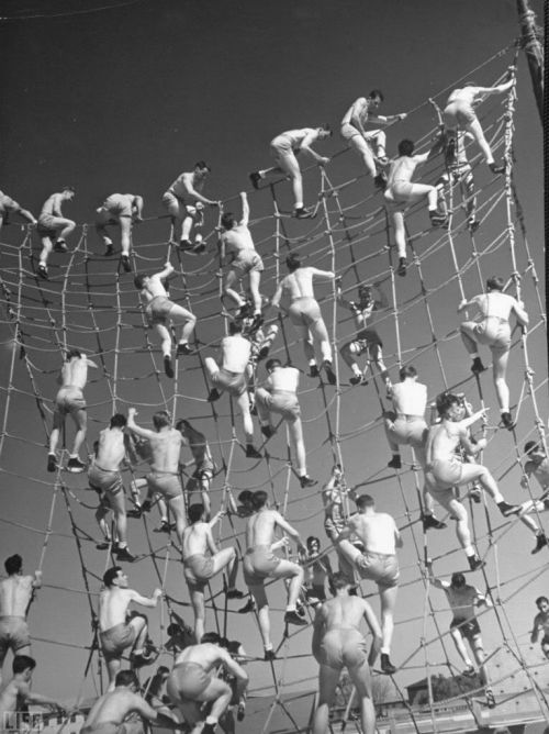 narcissusskisses:  Cadets in the US Navy Climbing Rope Wall During Obstacle Course by Dmitri Kessel