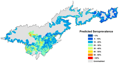 Predicted leptospirosis seroprevalence based on environmental variables. Predicted values were calculated using Model A, based on four environmental variables (altitude, piggeries, vegetation, and soil type).
Published in Lau CL, Clements ACA, Skelly...