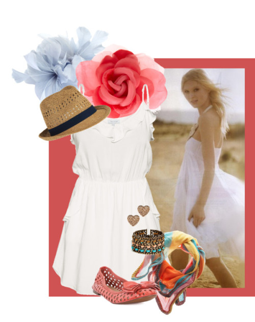White dress by reportshoes featuring flower feather hair accessoriesDannijo cuff jewelry, $320Marc b