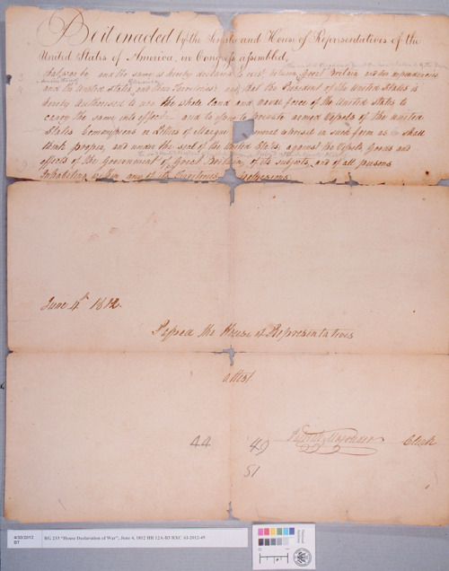 preservearchives:
“ This June marks the 200th anniversary of the declaration of the War of 1812. The “House Declaration of War” of June 4, 1812 is undergoing conservation treatment. The previously laminated document was treated to remove cellulose...