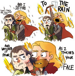 dilfosaur:  dilfosaur: Anonymous asked you: You should make a picture of Thor hugging Loki and singing Set Fire to the Rain.  what is going on in my inbox 