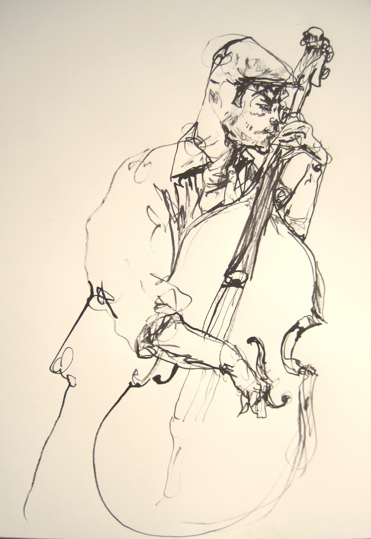 mountvision:  Jazz bass player in Central Park yesterday, bamboo and ink. Gregory