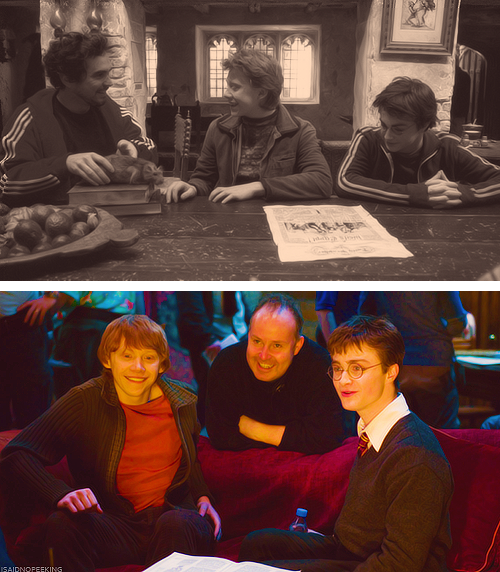 isaidnopeeking:Daniel Radcliffe and Rupert Grint with Chris Columbus, Mike Newell, Alfonso Cuaron an