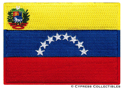 VENEZUELA NATIONAL FLAG PATCH iron-on EMBROIDERED VENEZUELAN SOUVENIR applique $ 4.98 3.5 INCHES WIDE x 2.5 INCHES TALL
“ • IRON-ON OR SEW
• IRONED-ON PATCHES WILL NOT COME OFF!
• TOP QUALITY, DETAILED EMBROIDERY
• FITS SLEEVES, HATS, JACKETS,...