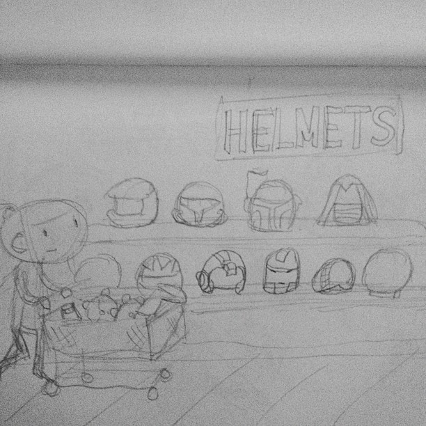 The original “Shopping” sketch had a few more helmets. (Taken with instagram)