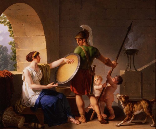 mesbeauxarts-blog:Jean-Jacques-François Lebarbier. A Spartan Woman Giving a Shield to Her Son. 1805.