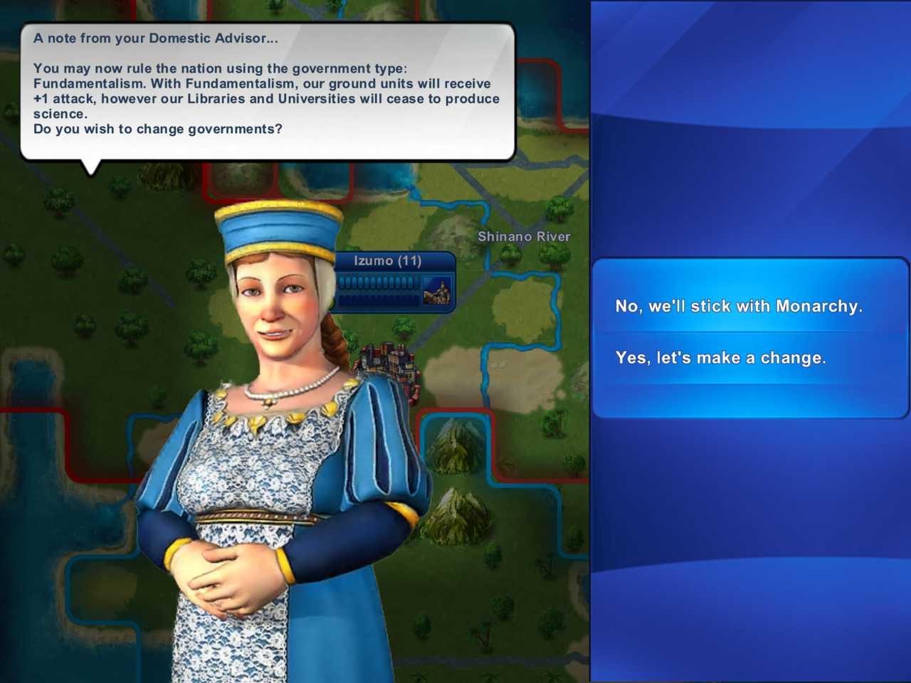 wilwheaton:
“I was playing Civilization: Revolution on my iPad today. When I got access to the “Fundamentalism” government, this is the warning the game gave me.
I stuck with Monarchy, and eventually won a cultural victory.
”