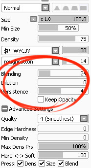 Mini SAI guide - "Blending (color blending)", "Dilution (opacity mix)", and "Persistence" settings. 