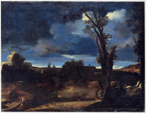 Giovanni Francesco Barbieri detto Il Guercino (1591–1666), Paesaggio al chiaro di luna e carrozza (ca 1616), oil on canvas (it’s highly recommended to click the image for a detailed view).