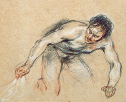 artqueer:  Jean-Antoine Watteau: Kneeling Male Nude Lifting a Drapery, c. 1715-16. Black chalk, red chalk, and white highlights on beige paper, 24.5 x 29.8 cm. Musée du Louvre, Paris. 