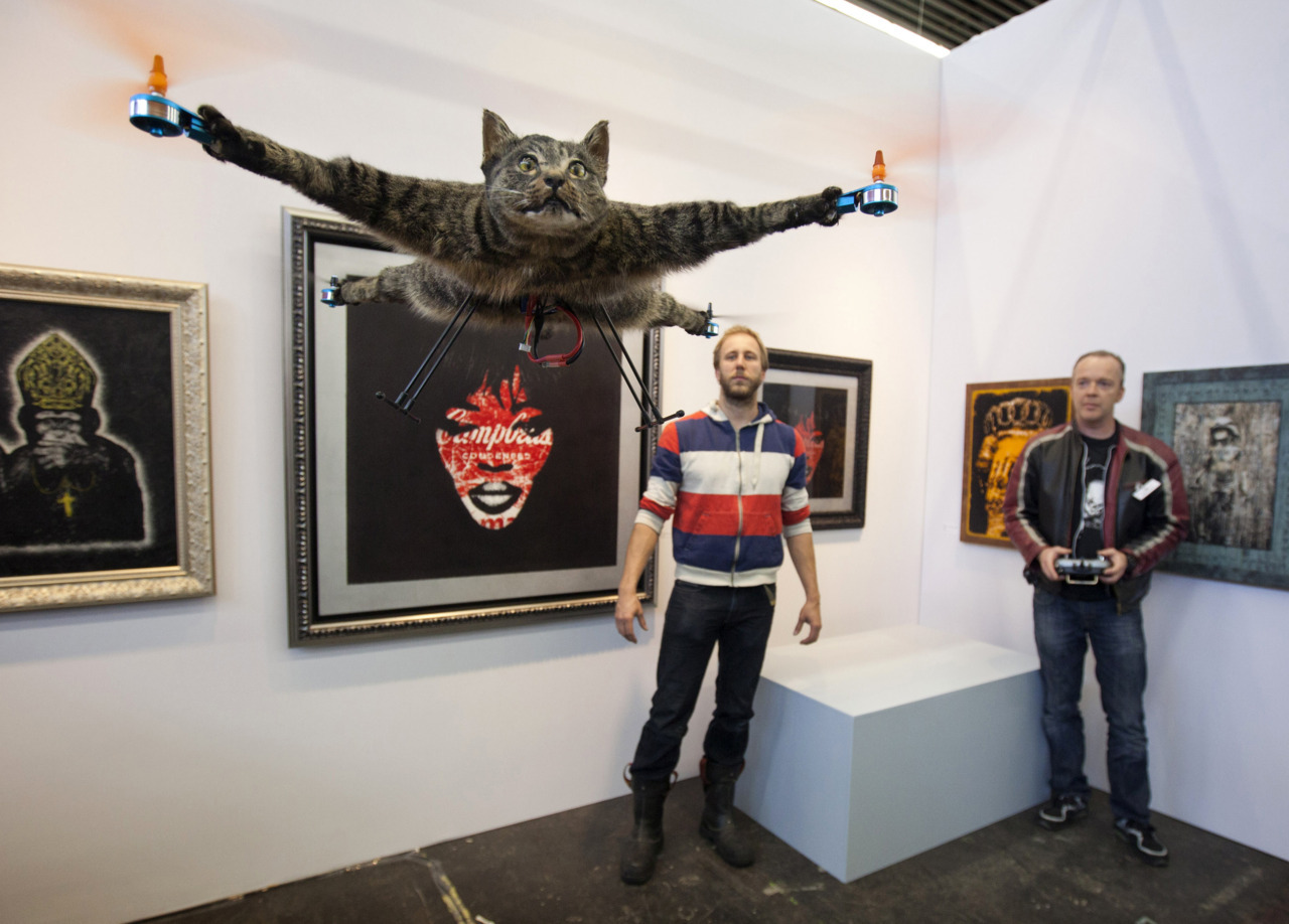 reuters:
“ The Orvillecopter by Dutch artist Bart Jansen (back L) flies in a gallery as part of the KunstRAI art festival in Amsterdam June 3, 2012. Jansen said the Orvillecopter is part of a visual art project which pays tribute to his cat Orville,...