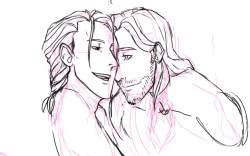 Yet another Thor/Loki doodle, presumably pre-Thor.  Oh god I can&rsquo;t stop drawing Loki without his hair slicked back and Thor/Loki being all adorable. askldfjsadf send help. 