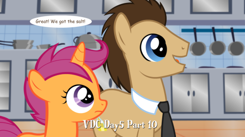 ask-thecrusaders:  VDC Day 5, Part 10 (FINAL PART)   Transcript: PANEL 1:Doc: Great! We got the salt!PANEL 2:Derpy: Do you think it’s enough?PANEL 4:Scoot: Now let’s put it on every single plant in the Hotel!Doc: It will take quite a while, but