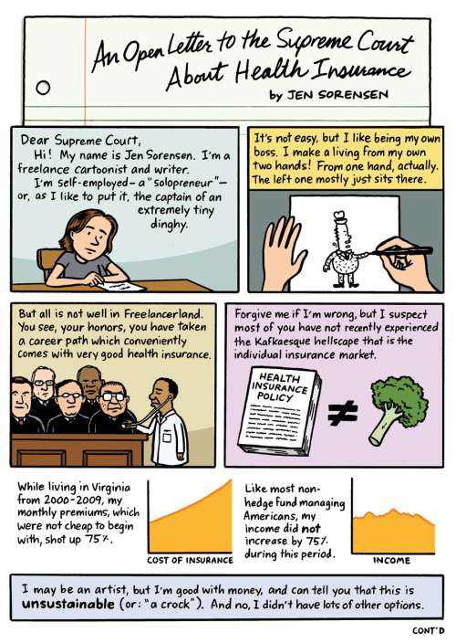 scootermoto:kalidraws:jensorensen:An Open Letter to the Supreme Court About Health Insurance by Jen 