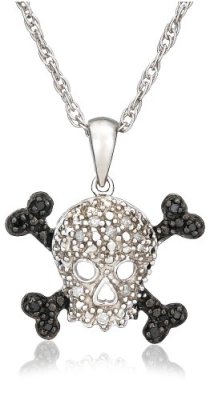 Sterling Silver Black And White Diamond Skull Pendant