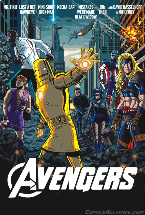 theblueboxboy:  Comics Alliance made this Avengers poster featuring all the characters in their worst costumes in history. Following the success of the movie it’s easy to picture the team in their movieverse attire - especially since it’s inspired