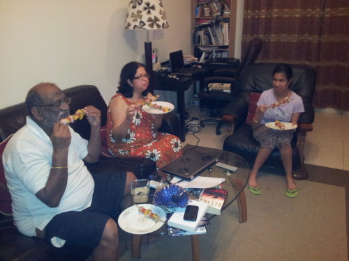 Here&rsquo;s the family chowing down on some barbecued chicken on skewers. Got the recipe from C