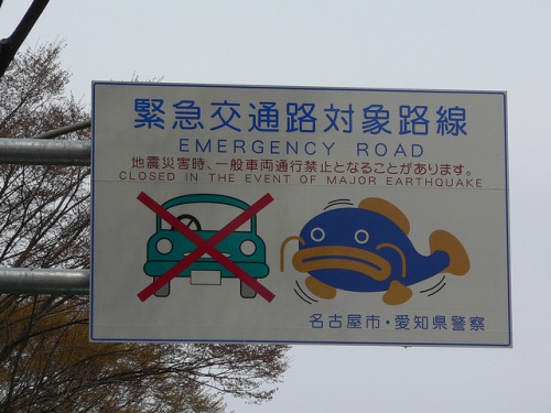 &ldquo;Emergency road. Closed in the event of a major earthquake&rdquo; Japanese sign in Nag