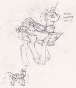 i was going through my desk&rsquo;s Stack O&rsquo; Art, and found this thing. Dunno if i ever posted it&hellip; Not that it is worthy of posting, but people like silly doodles sometimes so why not! It&rsquo;s Celestia, dressed as a ship for some kind