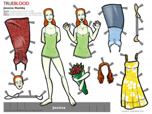 DIY True Blood Paper Dolls. The artwork is by Andy Swist and you can download all 12 characters and 