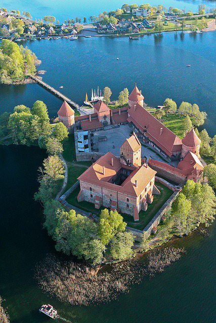 Aerial view of Trakai Island Castle on Lake Galve, Lithuania (by P a U L i u S).