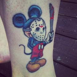 fuckyeahtattoos:  Love Mickey, love Halloween and horror related anything. Birthday is also on the 13th.  Done on 4/13/12 at Olde Media Tattoo, by Shane Munce. :D