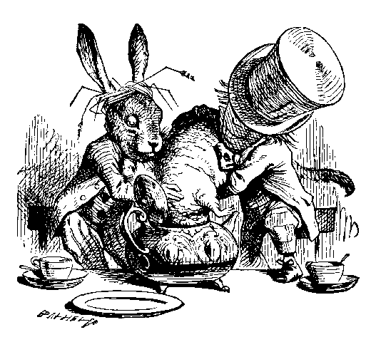 Hatter and Hare dunking Dormouse “This piece of rudeness was more than Alice could bear: she got up in great disgust, and walked off; the Dormouse fell asleep instantly, and neither of the others took the least notice of her going, though she looked...