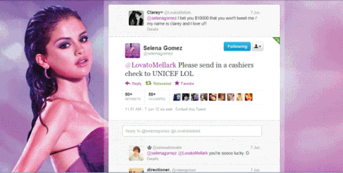 foreveraloone:  (x) LovatoMellark: @selenagomez Eu aposto  10 mil dólares que você não vai me responder /: meu nome é Clarey e eu te amo! selenagomez: Por favor envie o deposito para a UNICEF LOL  