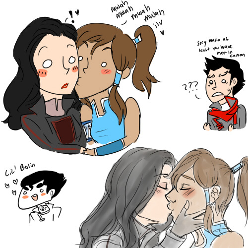 sorry art block makes me draw weird  so here is some korrasami and a lil’ bolin. ♥