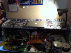 ihaveapencilcase:  my desk was ugly so i decided to put some horror manga over it 