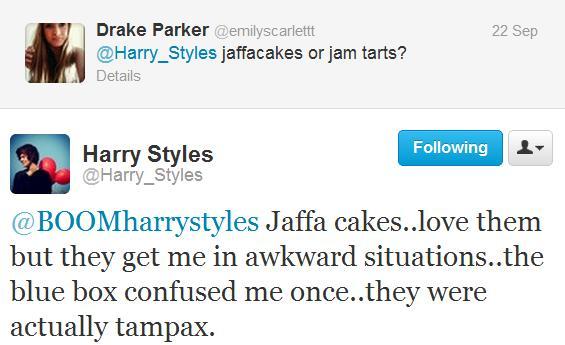lovingmesome1dxx:  wanderrrrrrrection:  Harry and his Tampax story.  “Started chewin…..put