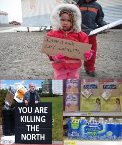 ysera:  vlkingdeathmarch:  acacophony:  littleojibwe:  tanninginparadise:  See this picture? This comes from a town in Canada where a 24 pack of water bottles is 104 dollars and formula milk for a baby is priced at 55 dollars a pack. What’s more, a