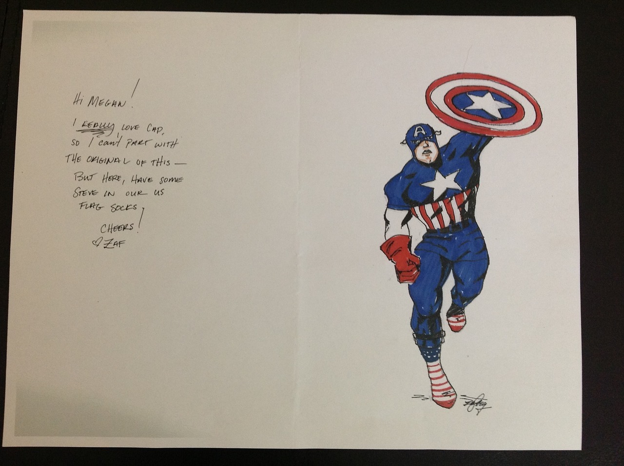 Dear Zaf and the other awesome people at Sock Dreams,
I received the package in the mail today and along with my incredible socks and double grips was my as-requested picture of Steve Rogers rocking some American flag socks.
I honestly can’t express...