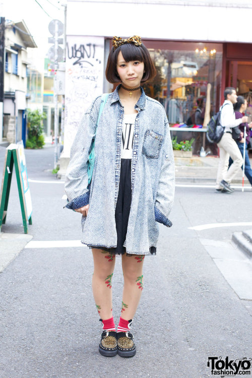 Leopard creepers &amp; leopard hair bow w/ cherry tights on the street in Harajuku.