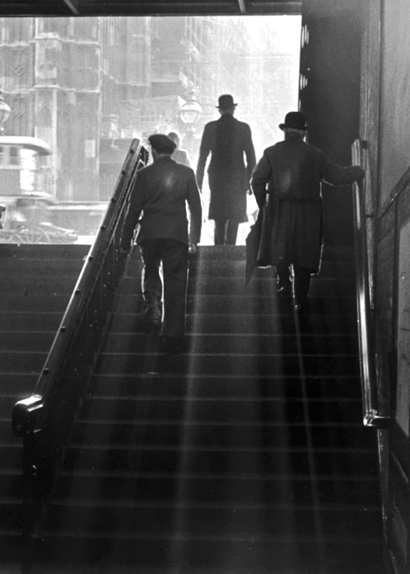 Leaving the underground
Commuters walking up the steep steps leading out of westminster underground station, Central London, England, 1930s. Photographer unknown.
Thanks to m3zzaluna