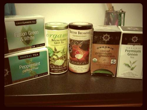 my tea collection :D  Stash’s Green and White Fusion is one of my current favorites :)