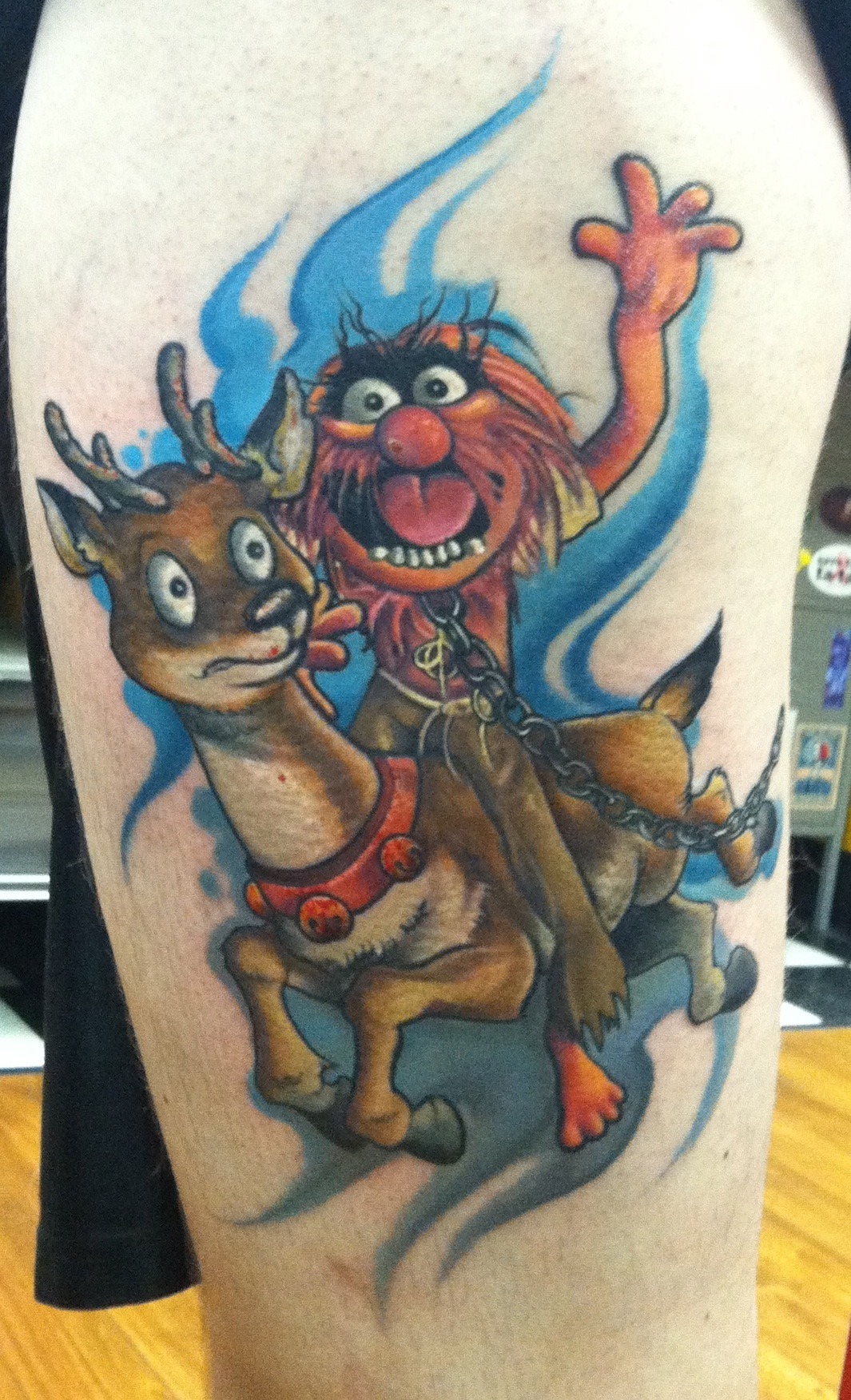 Got this bad boy done by Phil Watkins at The Body Gallery in Sterling, VA. It’s a tattoo of Animal from the Muppets riding a reindeer. I got the idea from a christmas album my family has listened to since as early as I can remember. The album is all...