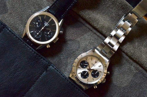 1963 Heuer Carrera 2447N vs 1970 Rolex Cosmograph Daytona 6262.
Both powered by (some variation of) the Valjoux 72 chronograph movement, both with pump pushers.
Details here.