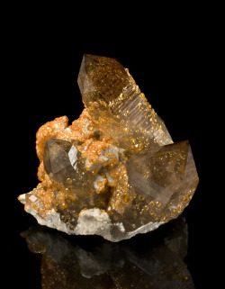 earthshaped:  Spessartine on Quartz  Tongbei, Fujian Province, China [This] specimen features several very sharp, lustrous smoky quartz crystals. Each of the quartz crystals contain phantoms that are similarly coated by spessartine.  