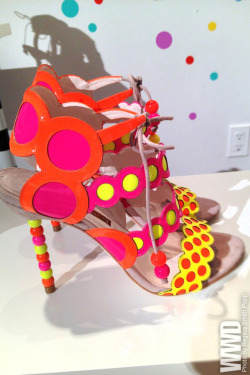 womensweardaily:  Resort Footwear Highlights Neon patent roundel sandals with beaded heels at Sophia Webster For more