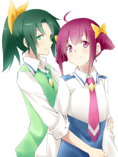 abaslev:10uhou 2girls blush green eyes green hair hair ribbon hoshizora miyuki hug hug from behind m