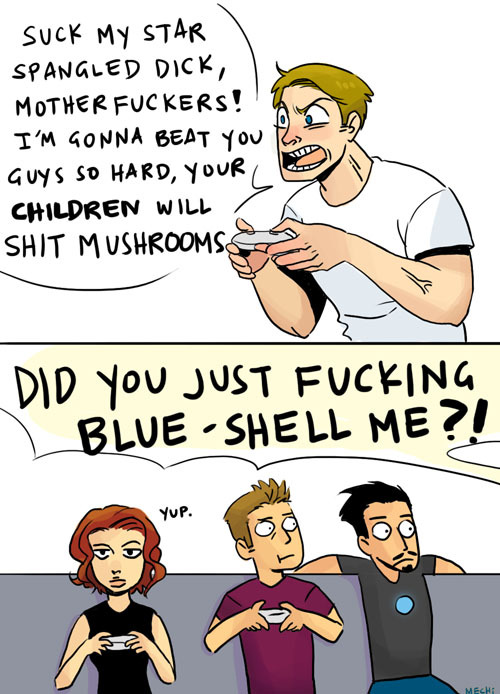 they-call-me-wonder-woman:thebigbadwolfe:mechinism:steve gets colorful when competitiveSUCK MY STAR-