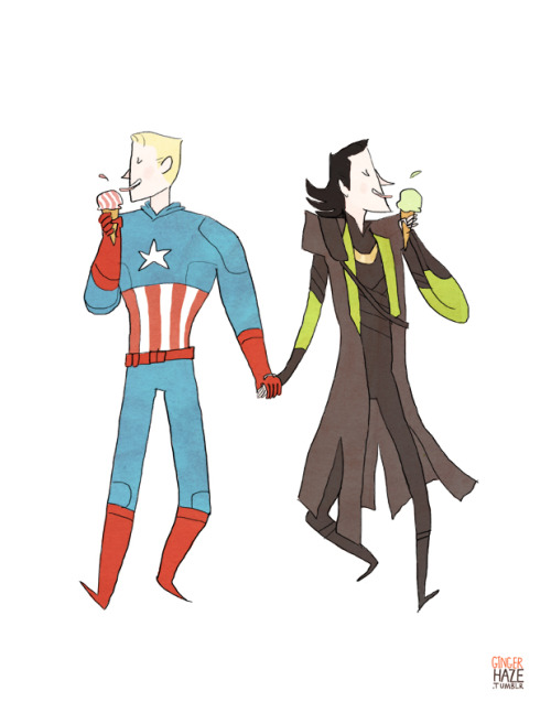 gingerhaze: A commission for bnkn62, who requested Loki and Steve holding hands and eating ice 