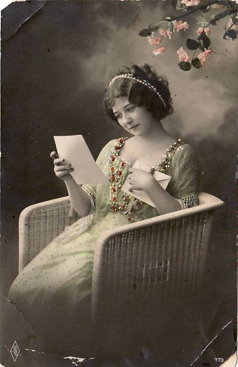 Beautiful Lady on Wicker Chair Reading Letter. Pre-1920.&ldquo;I loved reading, and had a great desi