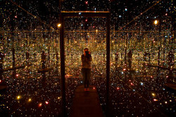 ruineshumaines:  Fireflies on the Water (2002), by Yayoi Kusama. Fireflies on the Water isan installation made of 150 lights, mirrors and water.It offers an out-of-this-world experience from the confines of a modest room paneled with mirrors and adorned