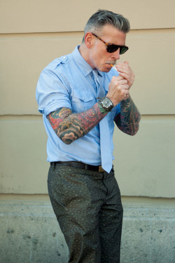 jaxthevampire:  zombiiexhooker:   urbans0uls: For people who say tattoo’s look worse when you get older. I honestly think his look better because of his age.  LOOK AT THOSE FUCKING SLACKS.   He still looks badass  the haircut, the glasses, the tattoos